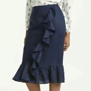 NWOT Boden Linen Ruffle Midi Skirt Size 4 Dark Navy Resort Tropical Feminine